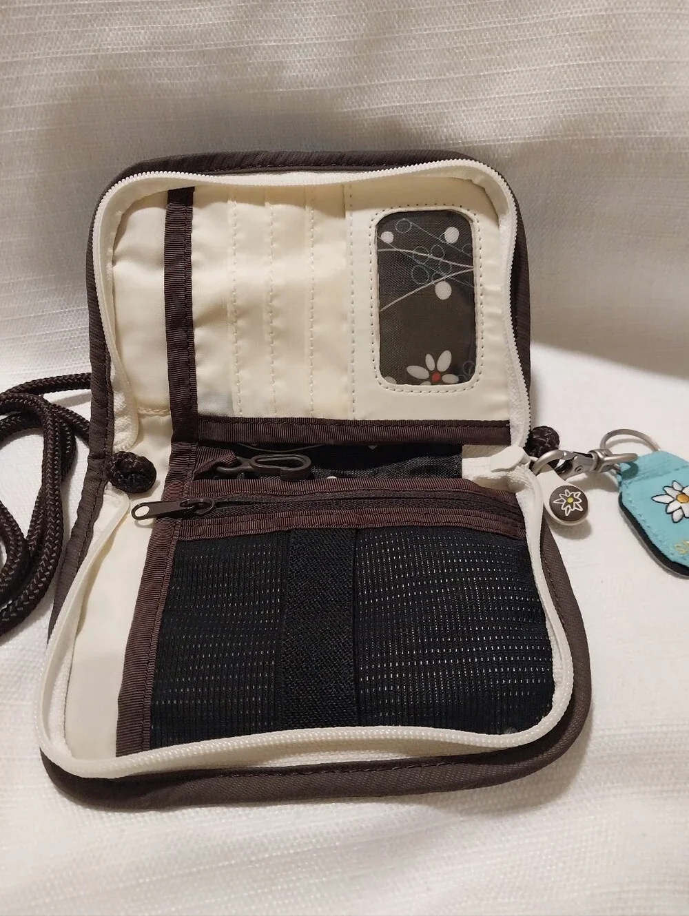 Sherpani Zoe Blue & Brown Zippered Travel Wallet with Strap & Keychain NWOT